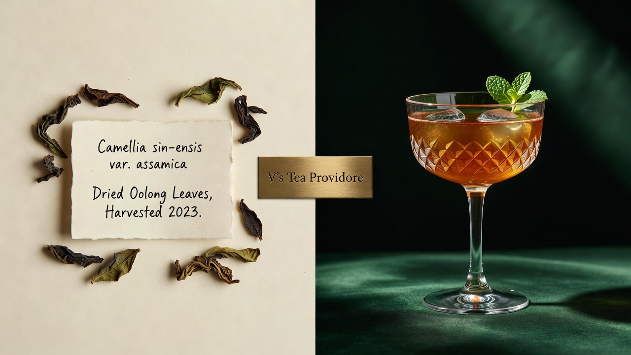 V's Tea Providore split composition — dried loose-leaf tea on cream by day, a glass of Virginia red on deep green by night