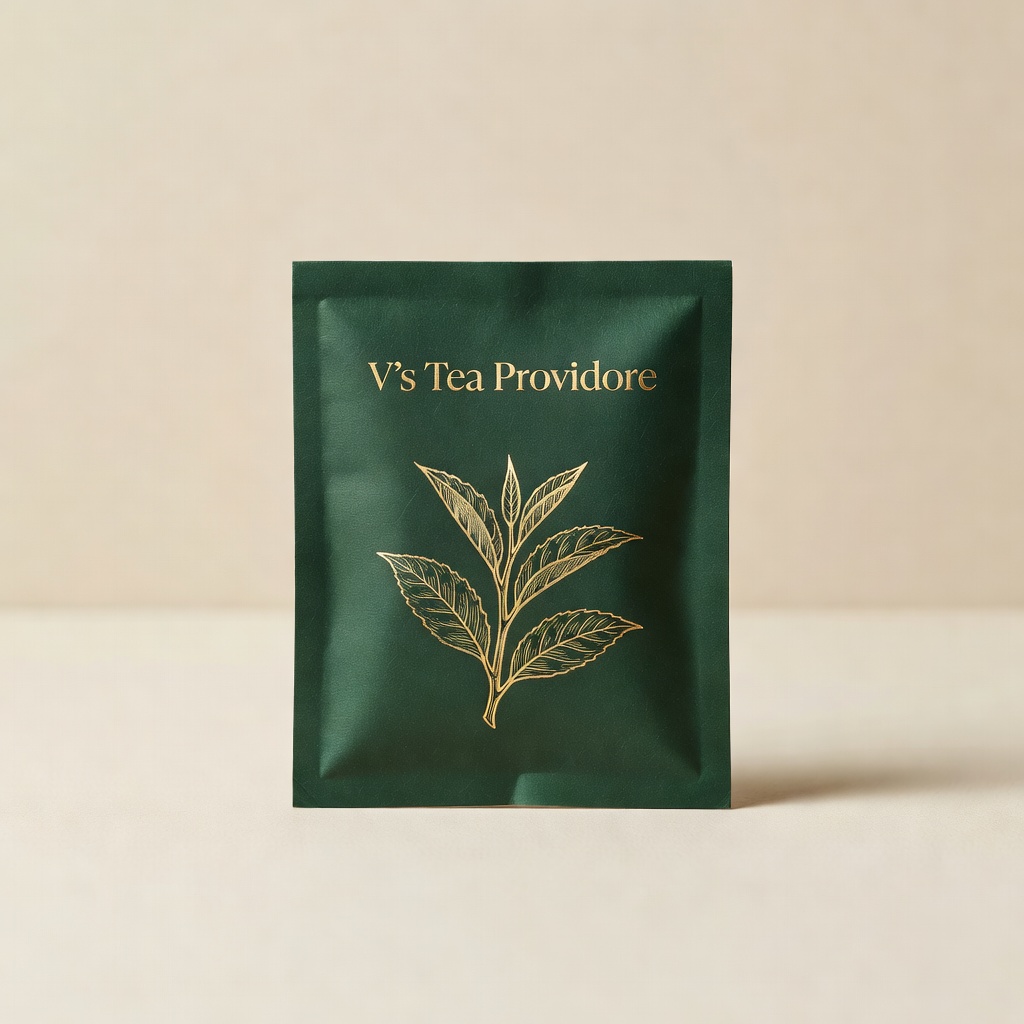 V's Tea Providore loose-leaf tea packet in deep green with gold botanical line art
