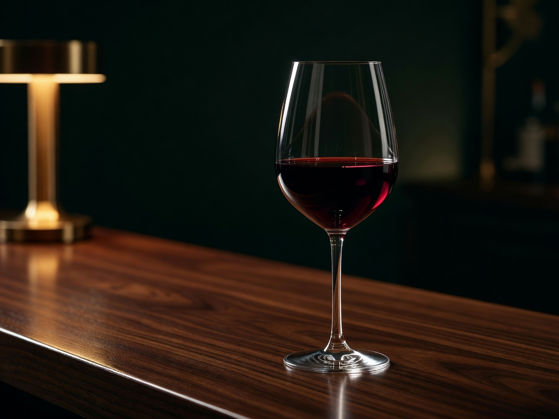 A glass of Virginia red wine poured at the deep green bar, brass light on dark walnut